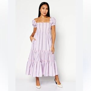 o.p.t. Daphne Purple Smocked Gingham Milkmaid Tiered Midi Dress Size Large